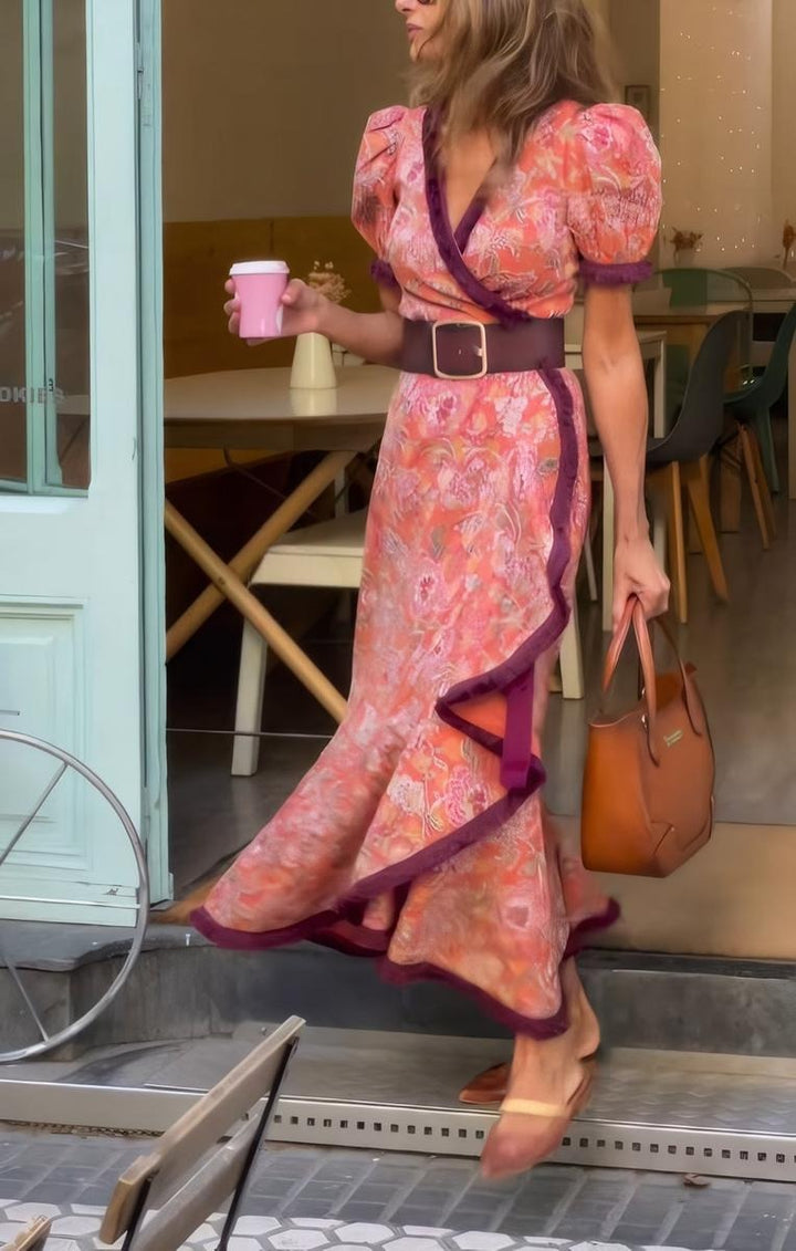 Vivi - Asymmetrical Skirt Long Dress with Short Puffed Sleeves