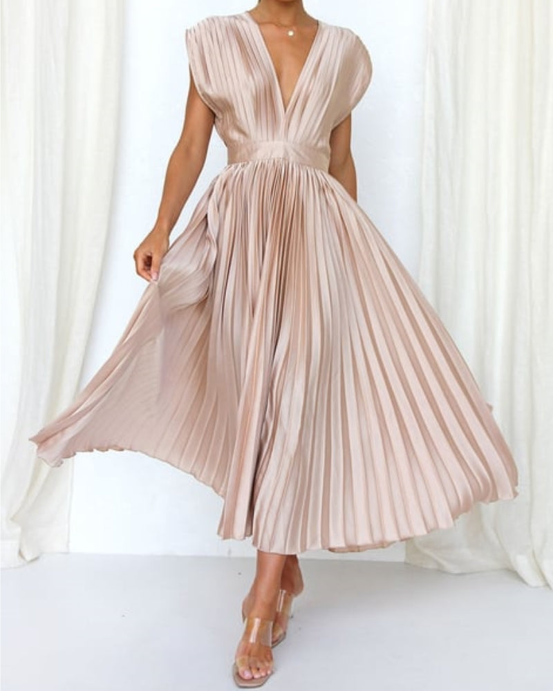 Nicole | Timeless Elegance: Draped V-Neck Pleated Skirt Dress