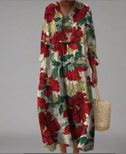 Crimson Peony - Full-Sleeve Geometric Print Dress