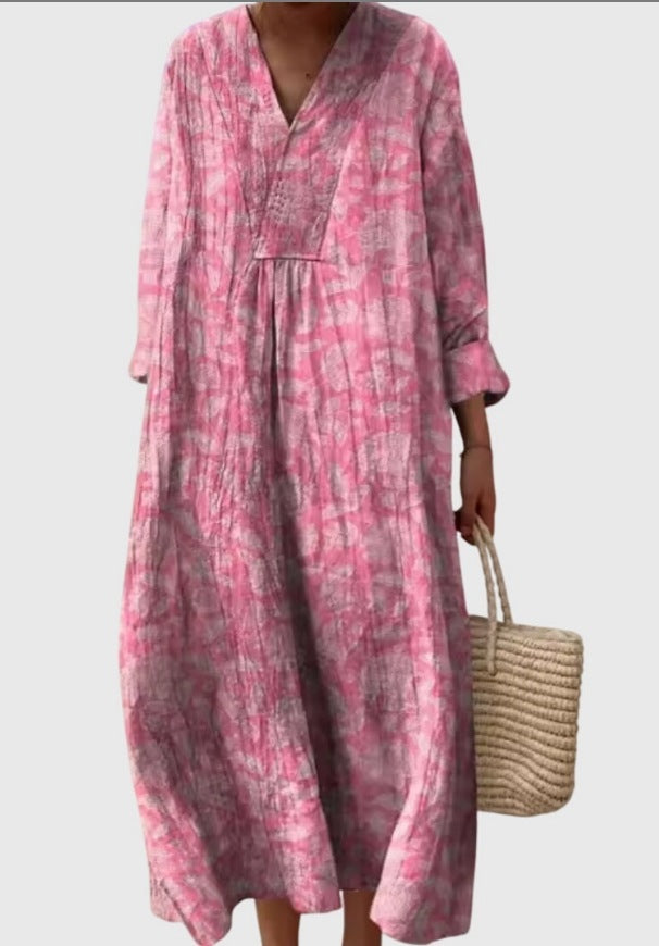 Roselle Mist - Full-Sleeve Geometric Print Dress