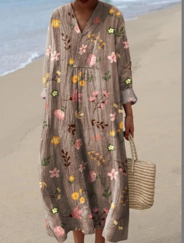 Earthy Petals - Full-Sleeve Geometric Print Dress
