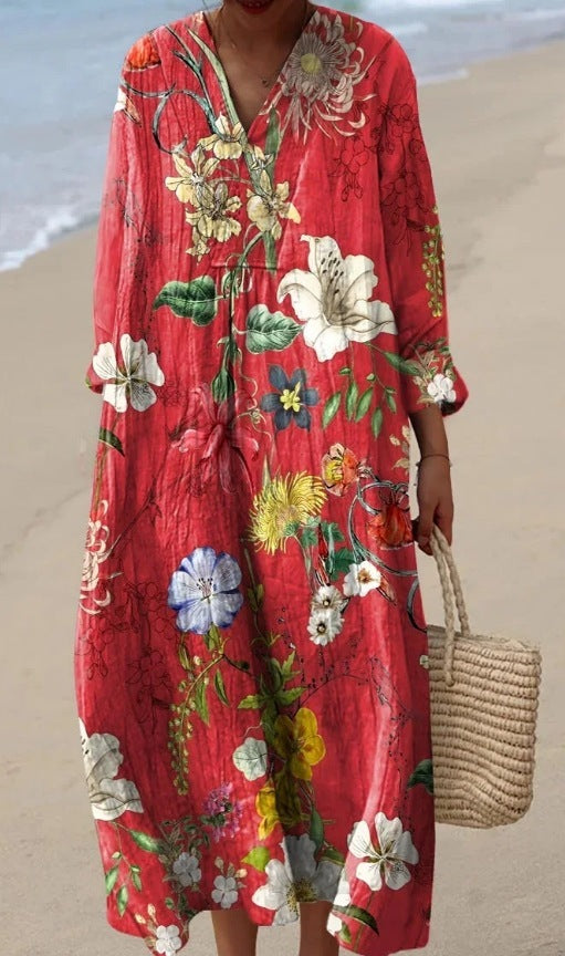 Crimson Bloom - Full-Sleeve Geometric Print Dress