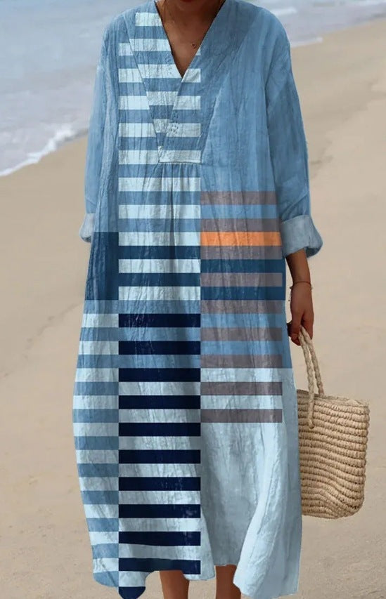 Azure Lines - Full-Sleeve Geometric Print Dress