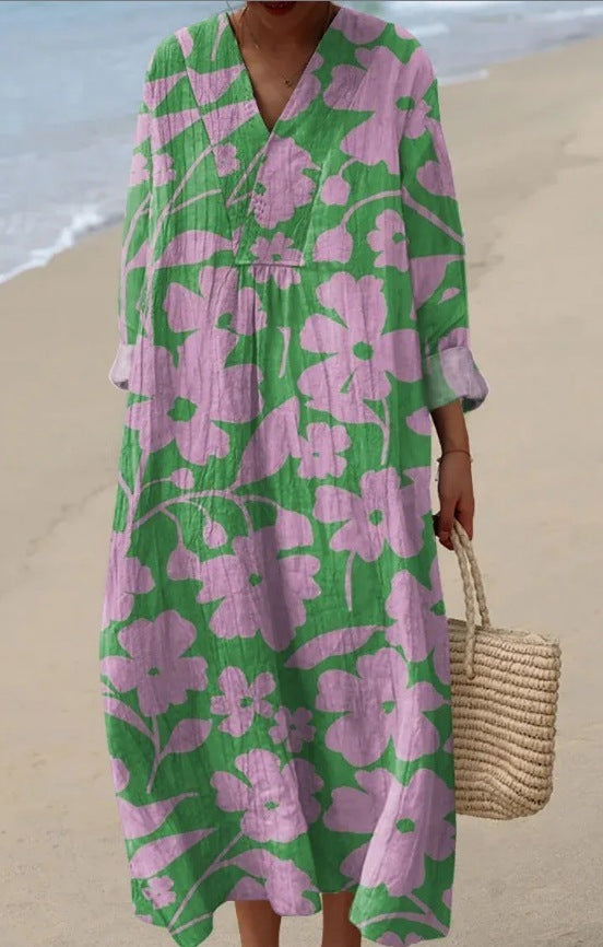 Meadow Charm - Full-Sleeve Geometric Print Dress