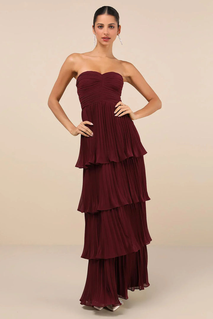 Lila Strapless Tiered Maxi Dress in Plum Purple