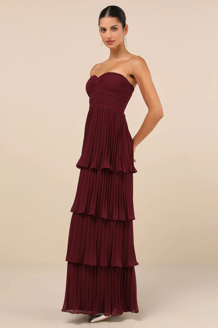 Lila Strapless Tiered Maxi Dress in Plum Purple