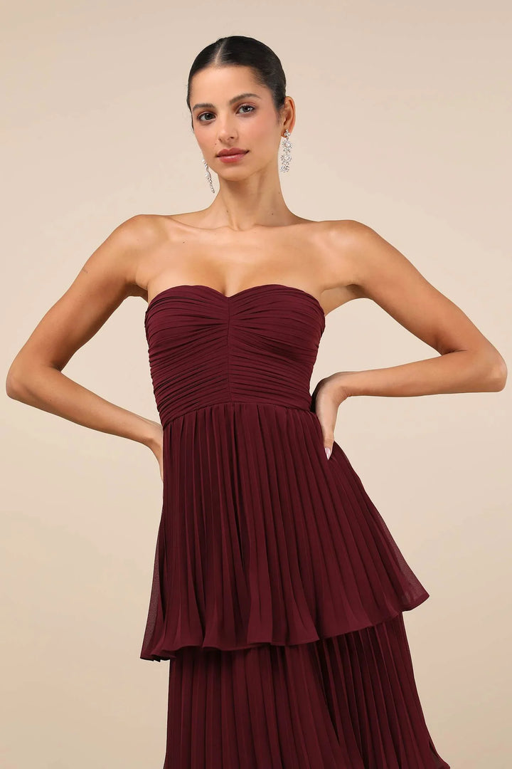 Lila Strapless Tiered Maxi Dress in Plum Purple