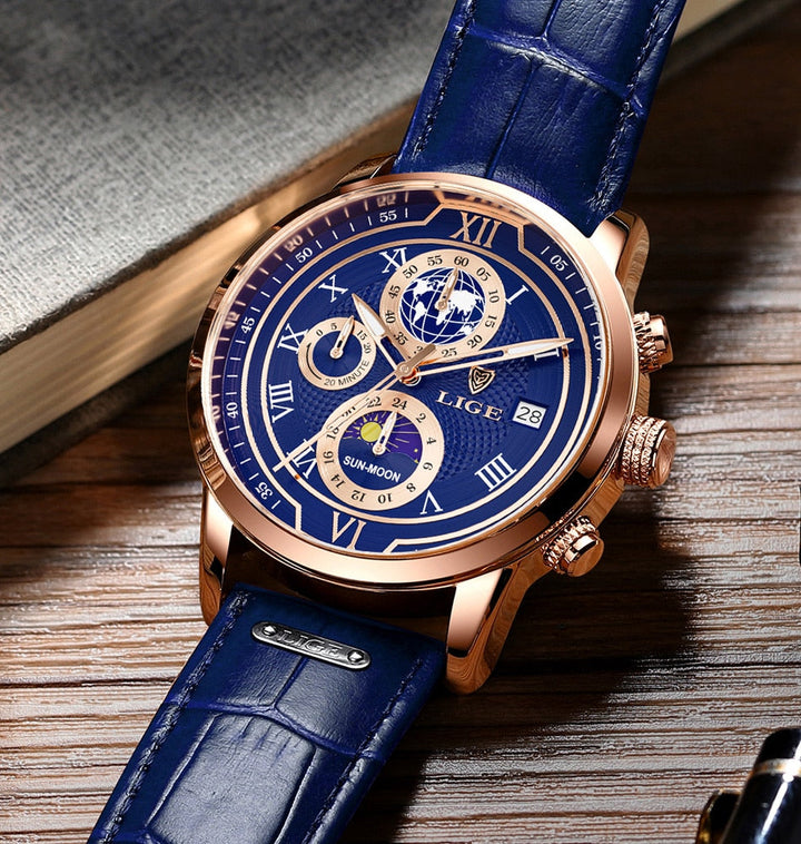 Luxury Chronograph Watch with Genuine Leather Strap