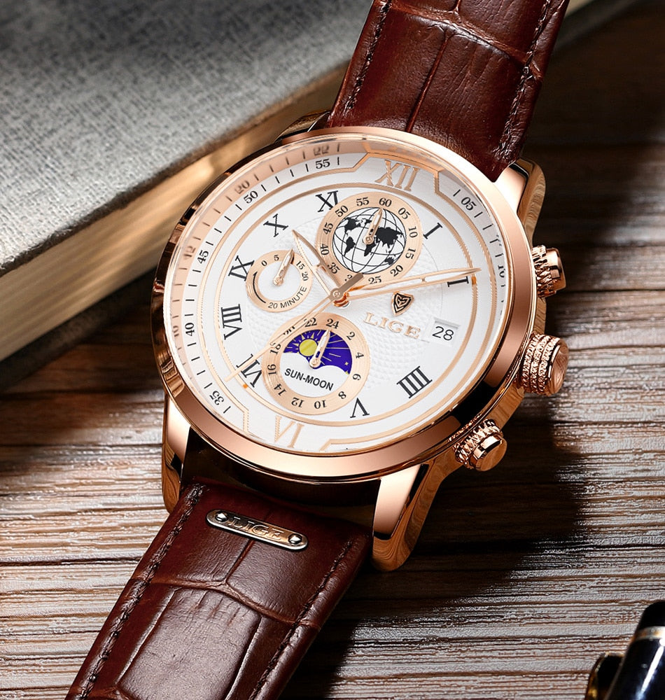 Luxury Chronograph Watch with Genuine Leather Strap