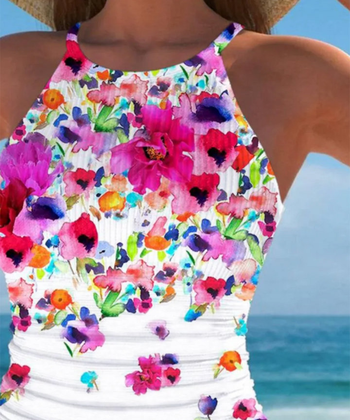 Elegant Floral Print Sleeveless Swimwear