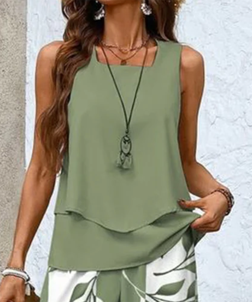 Aralia | Green Plant Print Square Neck Two-Piece Outfit