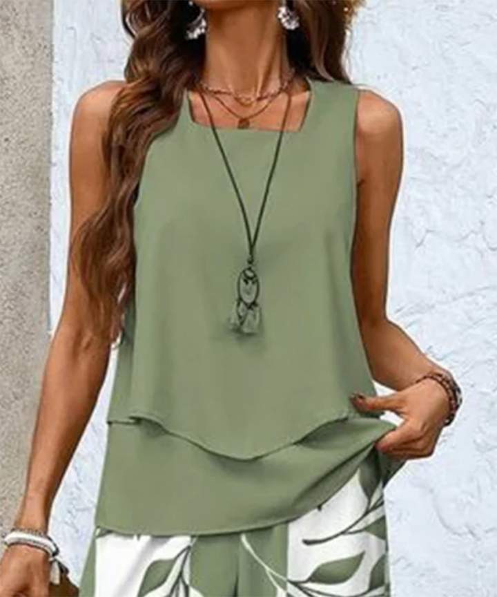 Aralia | Green Plant Print Square Neck Two-Piece Outfit