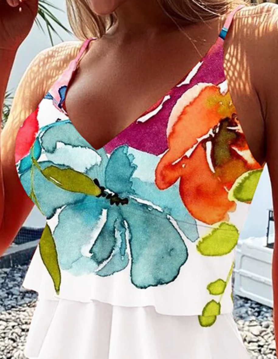 Youthful Floral Print Sleeveless Swimwear