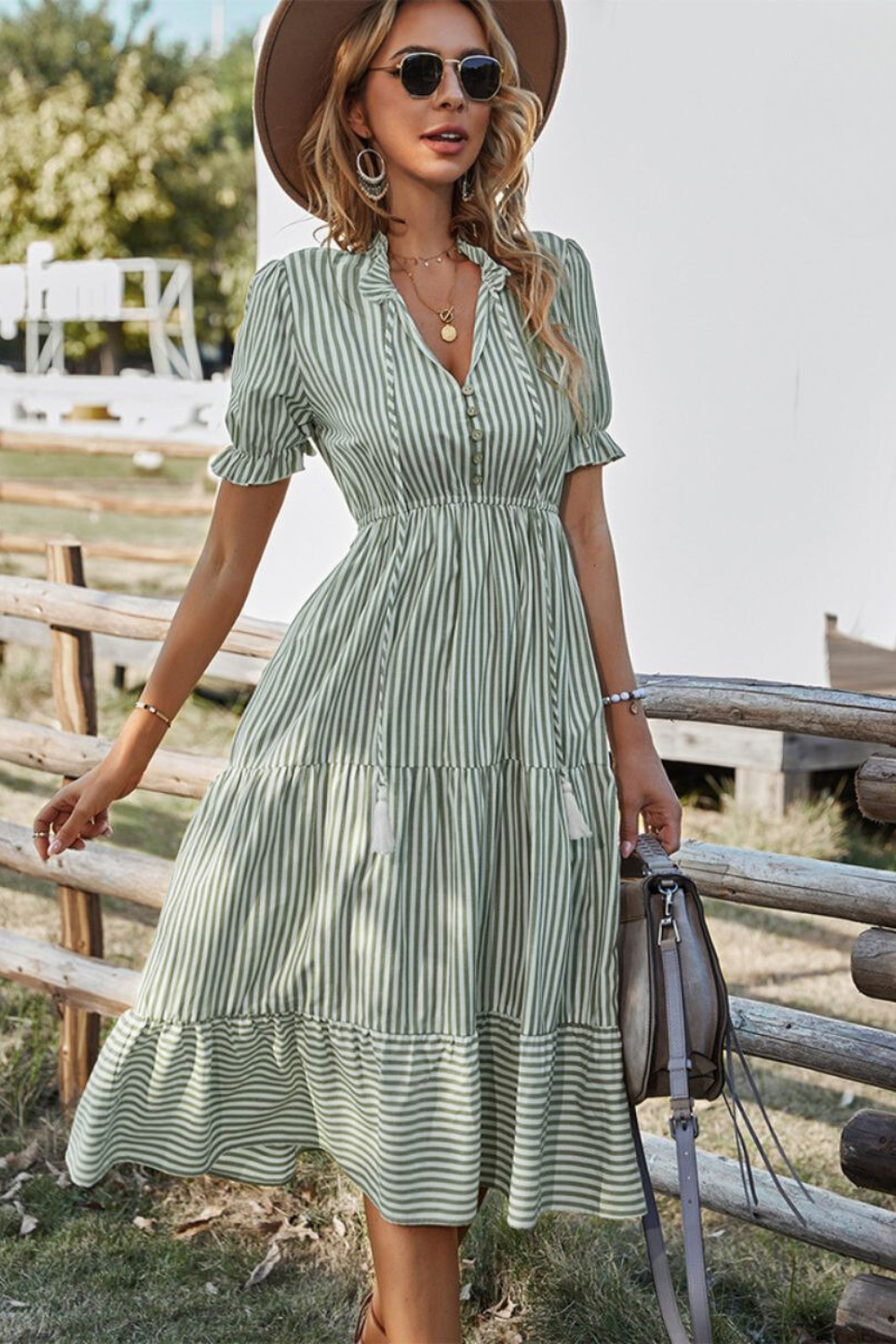 Clare - Puff Sleeves Striped Midi Dress
