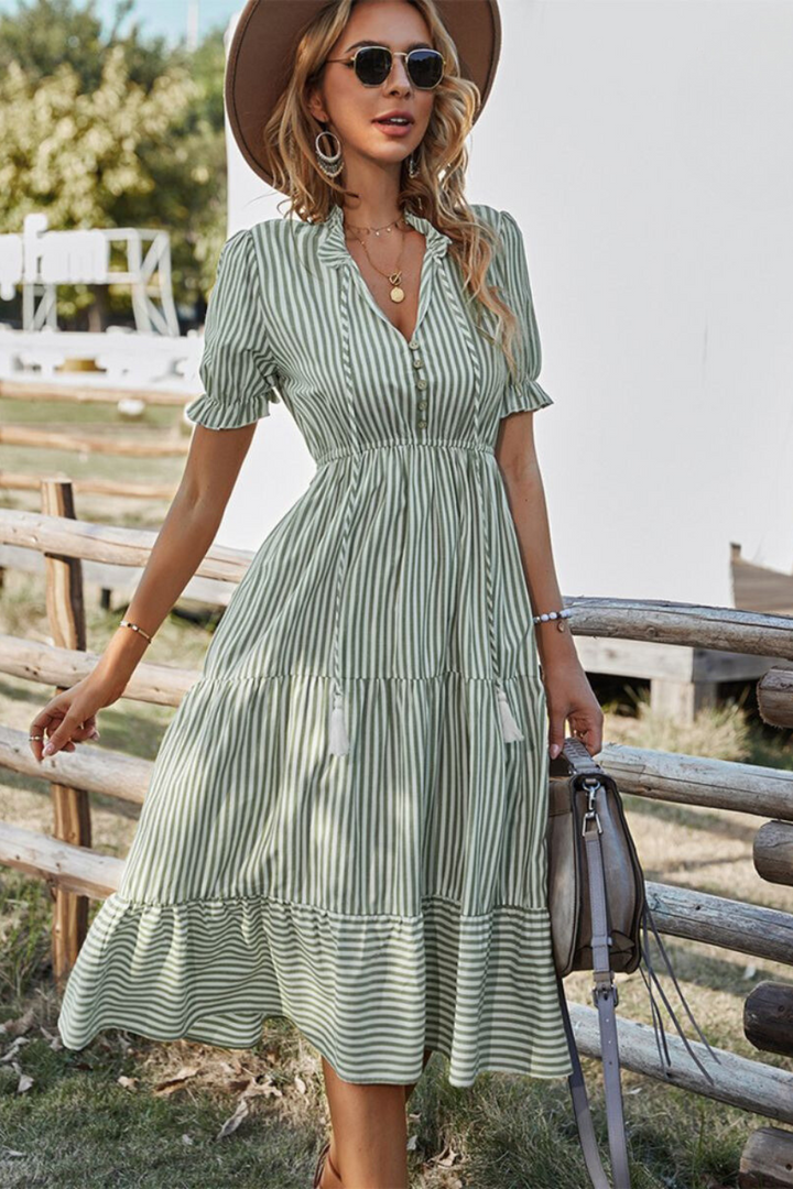 Clare - Puff Sleeves Striped Midi Dress