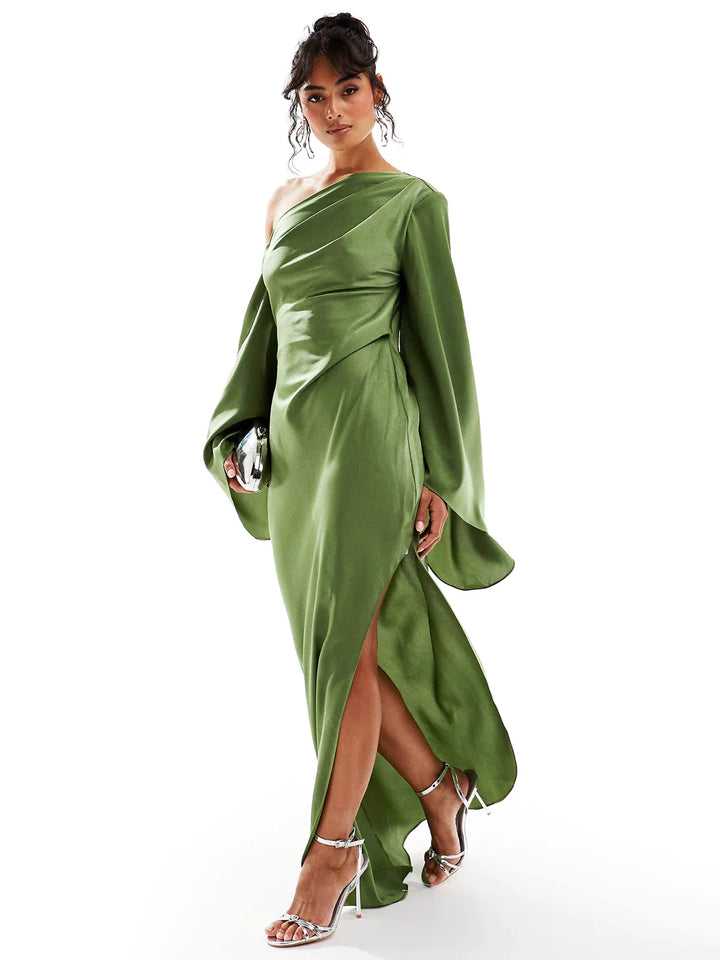 Selva -  Asymmetrical Hem Satin Maxi Dress