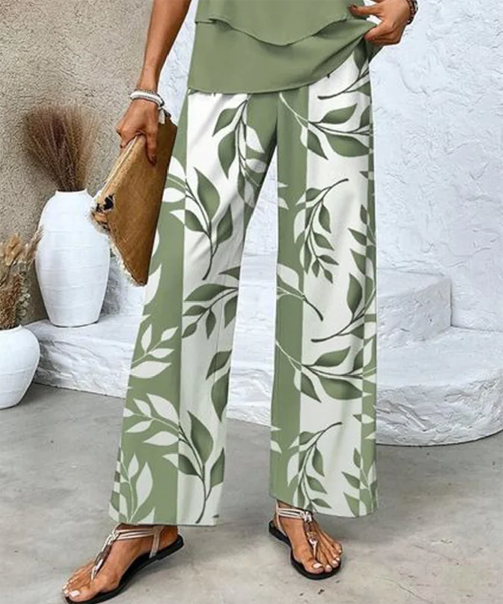Aralia | Green Plant Print Square Neck Two-Piece Outfit