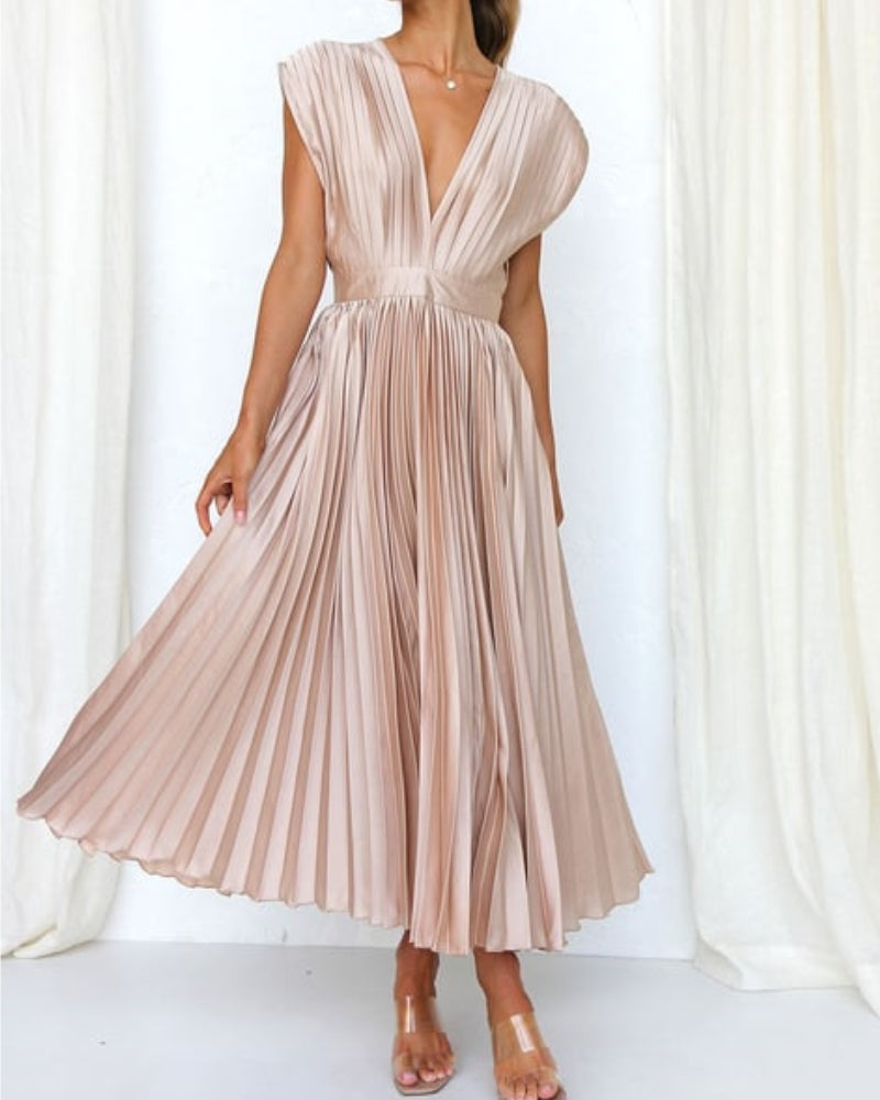 Nicole | Timeless Elegance: Draped V-Neck Pleated Skirt Dress