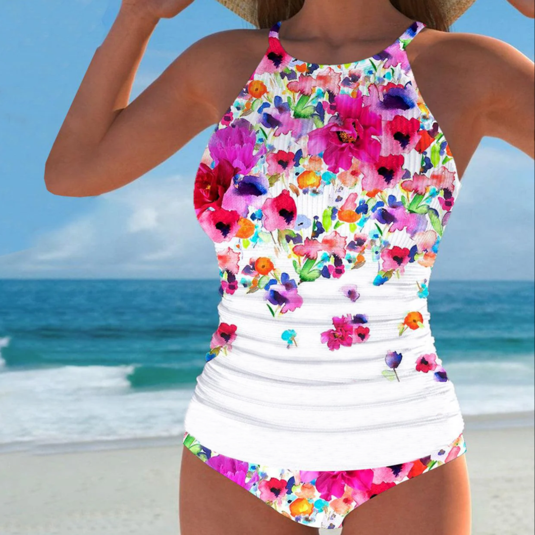 Elegant Floral Print Sleeveless Swimwear