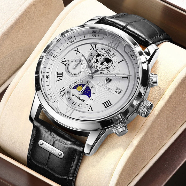 Luxury Chronograph Watch with Genuine Leather Strap