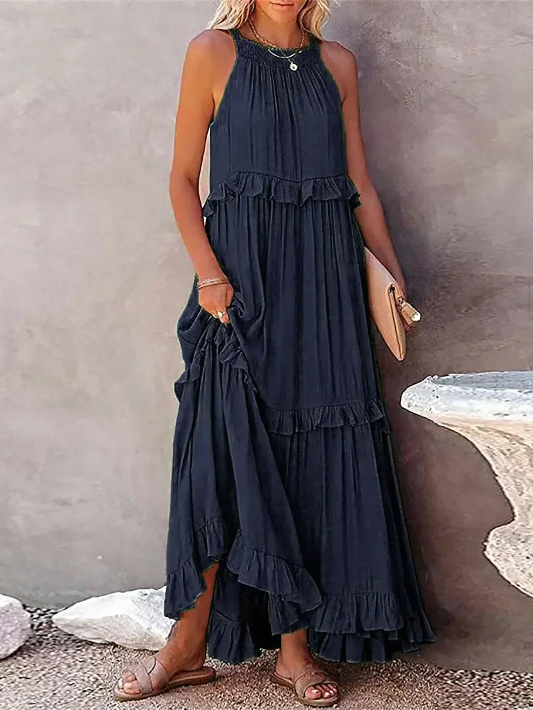 Lillian™ | Ocean Breeze Halter Maxi Dress with Ruffles