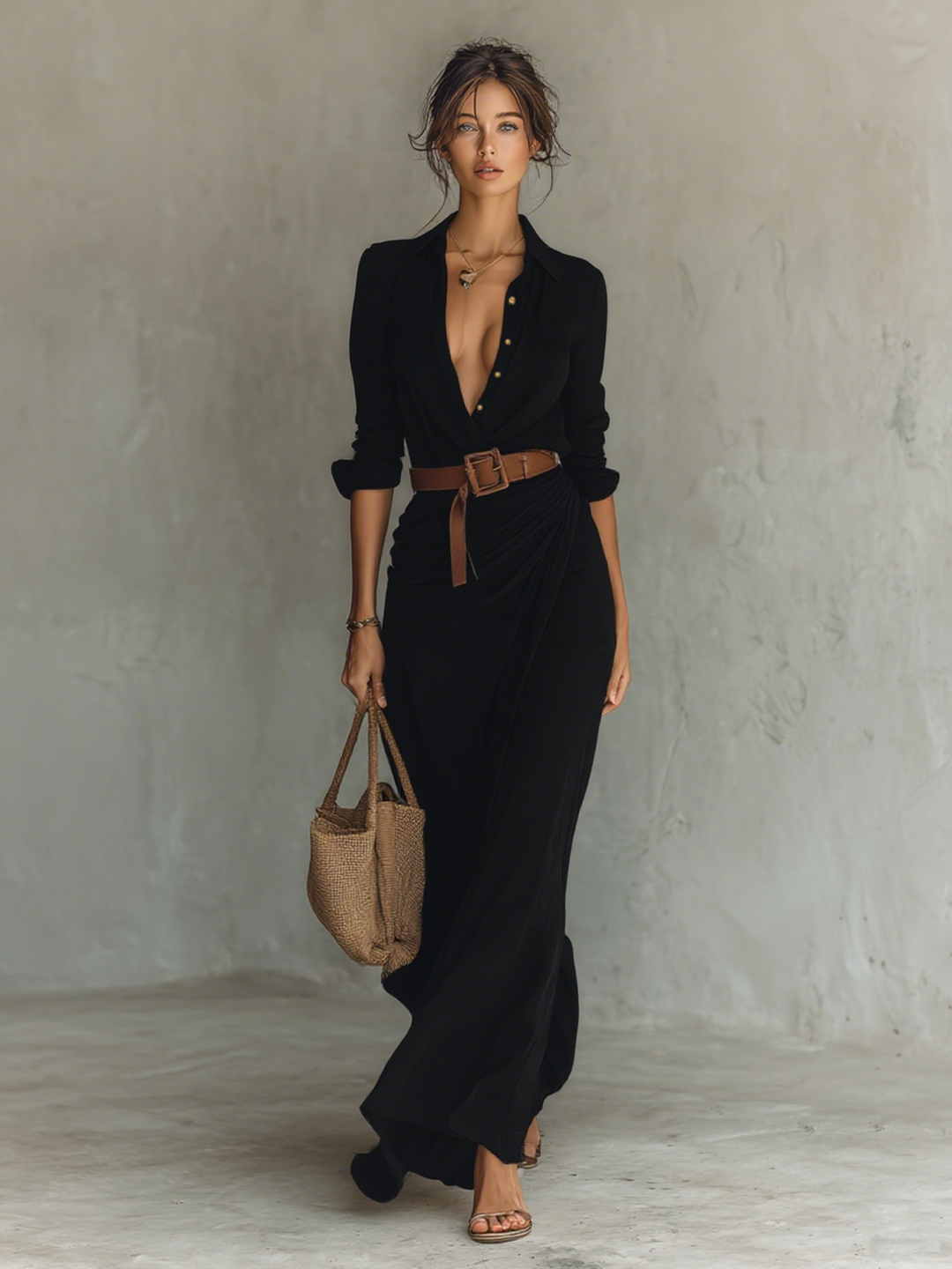 Nuria | Long Maxi Dress with Notched Collar