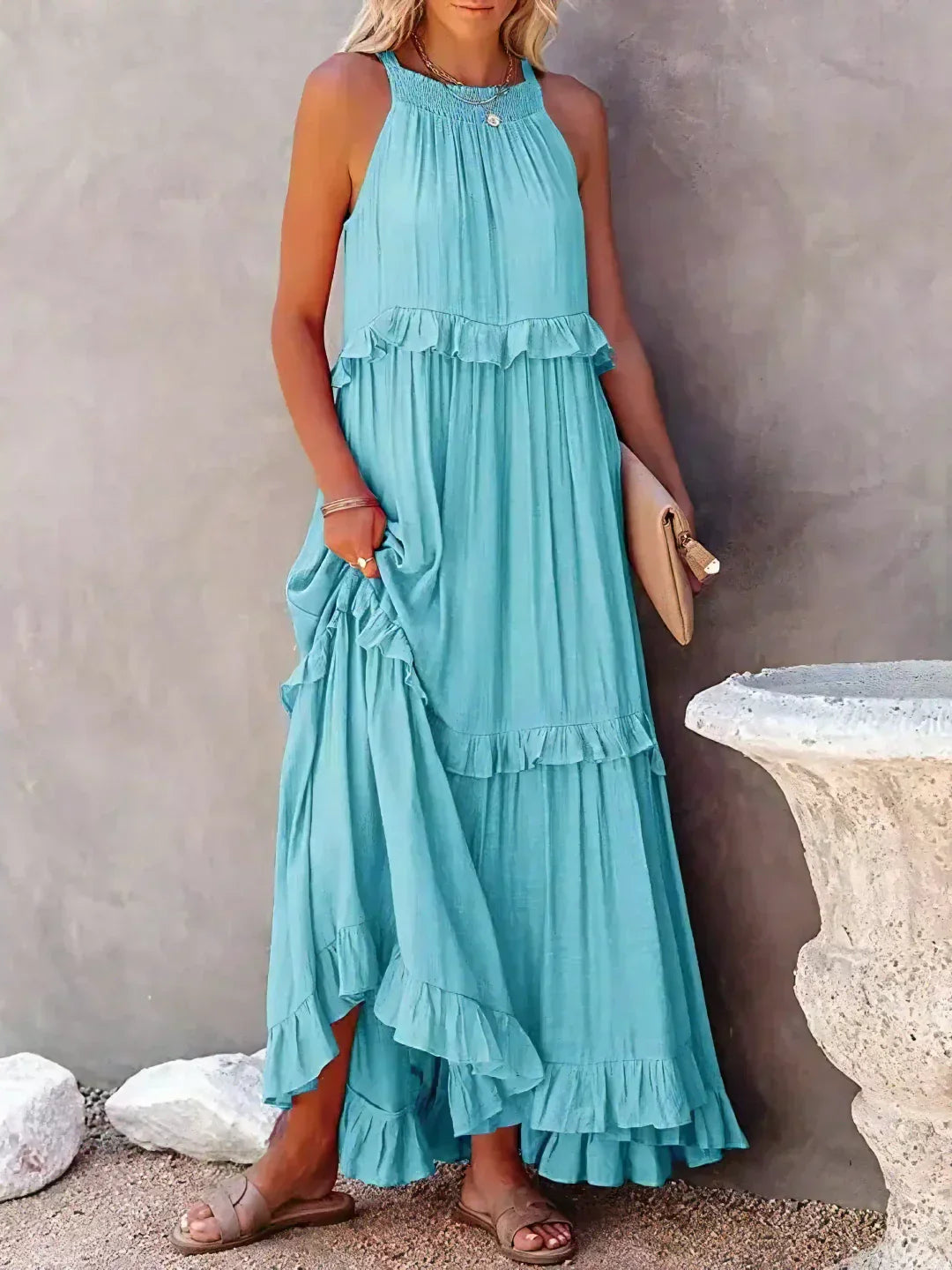Lillian™ | Ocean Breeze Halter Maxi Dress with Ruffles
