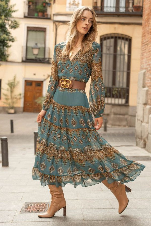 Wanda | Green V-Neck Long Sleeve Midi Dress