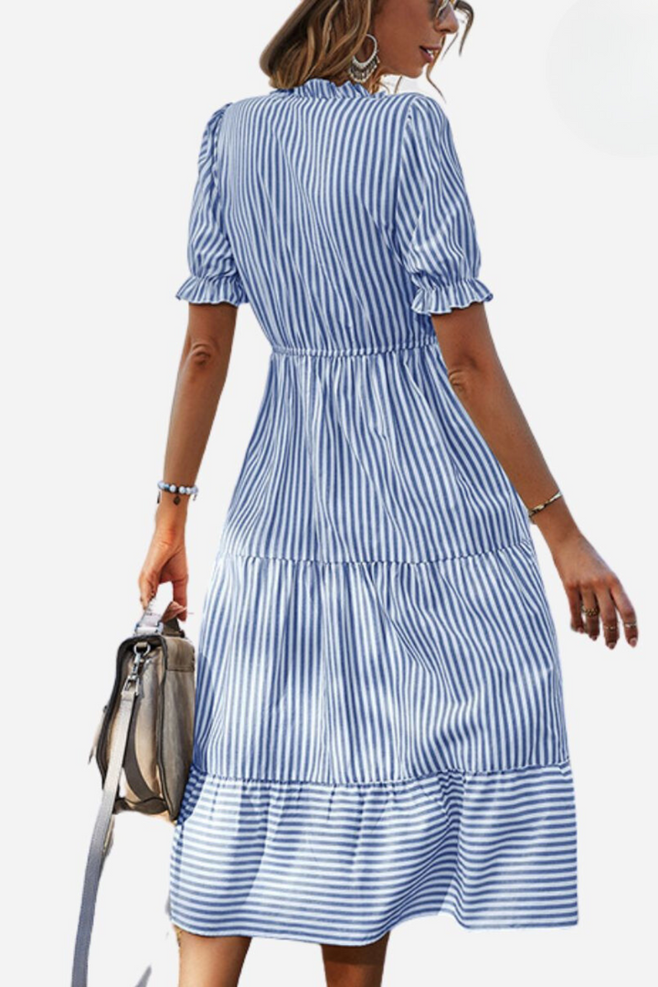 Clare - Puff Sleeves Striped Midi Dress