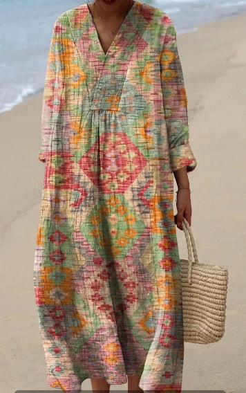 Pastel Mosaic - Full-Sleeve Geometric Print Dress