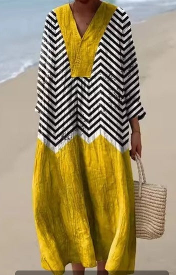 Golden Chevron - Full-Sleeve Geometric Print Dress
