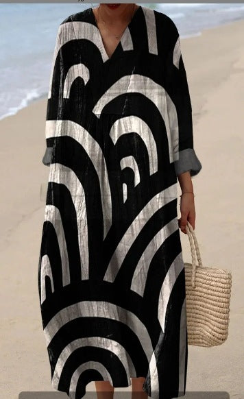 Echo Waves - Full-Sleeve Geometric Print Dress