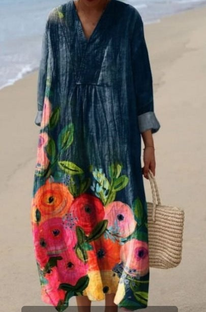 Midnight Bloom - Full-Sleeve Geometric Print Dress