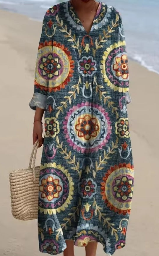 Medallion Dream - Full-Sleeve Geometric Print Dress
