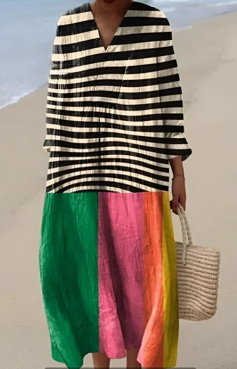 Carnival Stripes - Full-Sleeve Geometric Print Dress