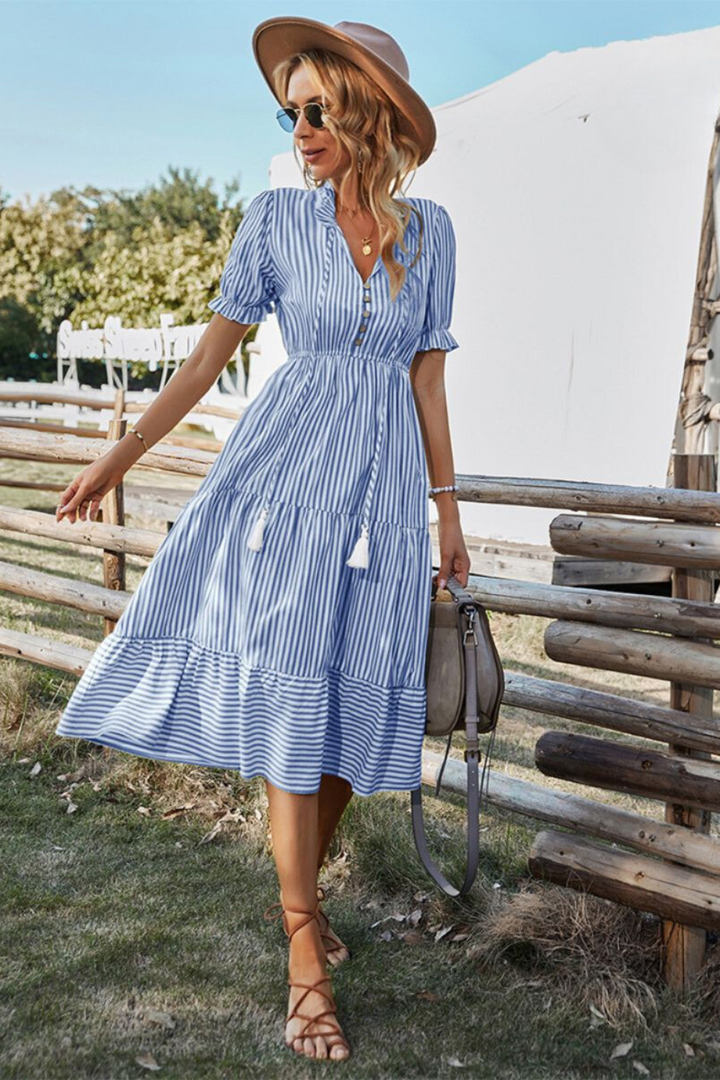 Clare - Puff Sleeves Striped Midi Dress