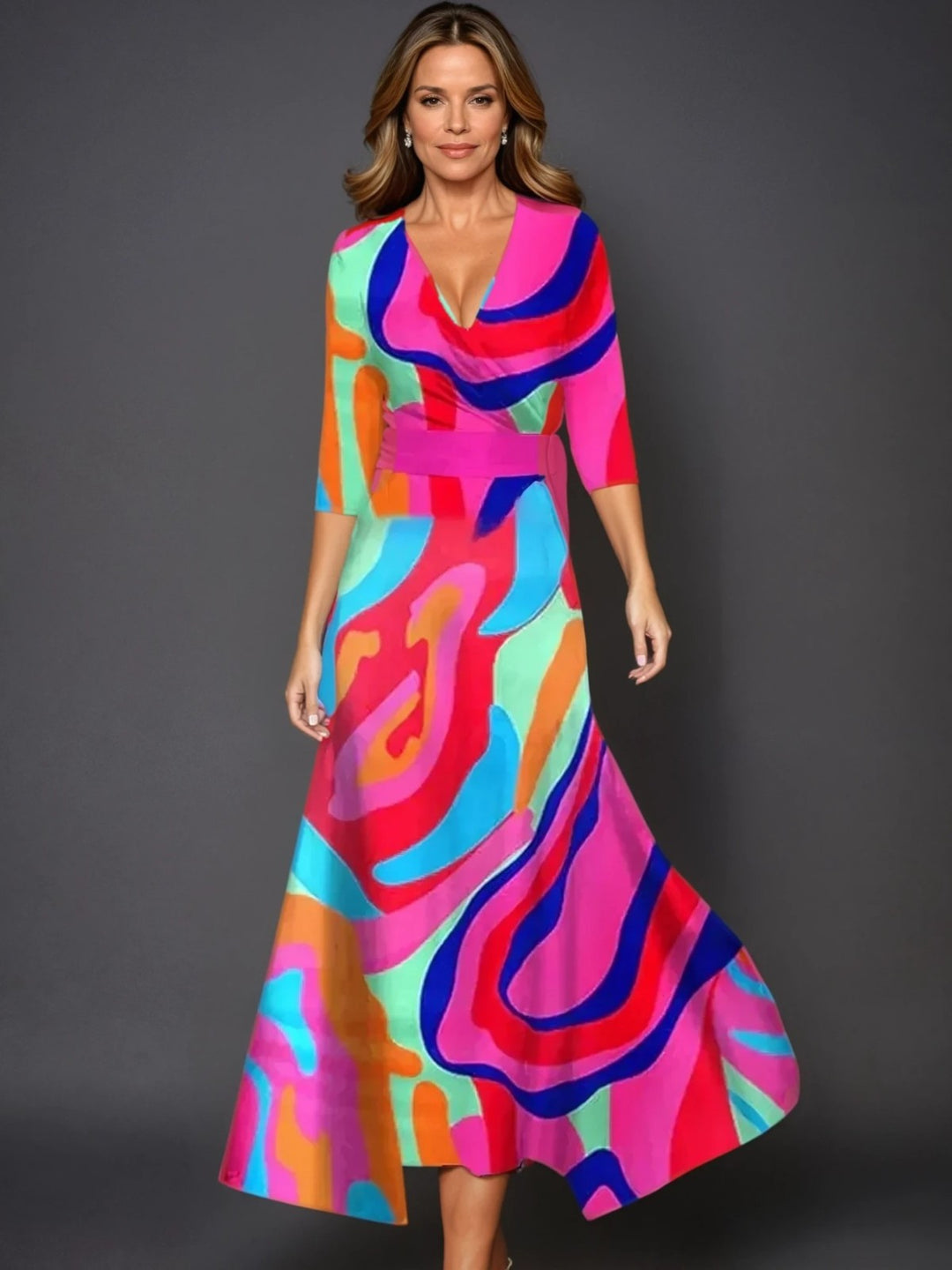 Emily - Floral High-Waisted Midi Dress with Three-Quarter Sleeves