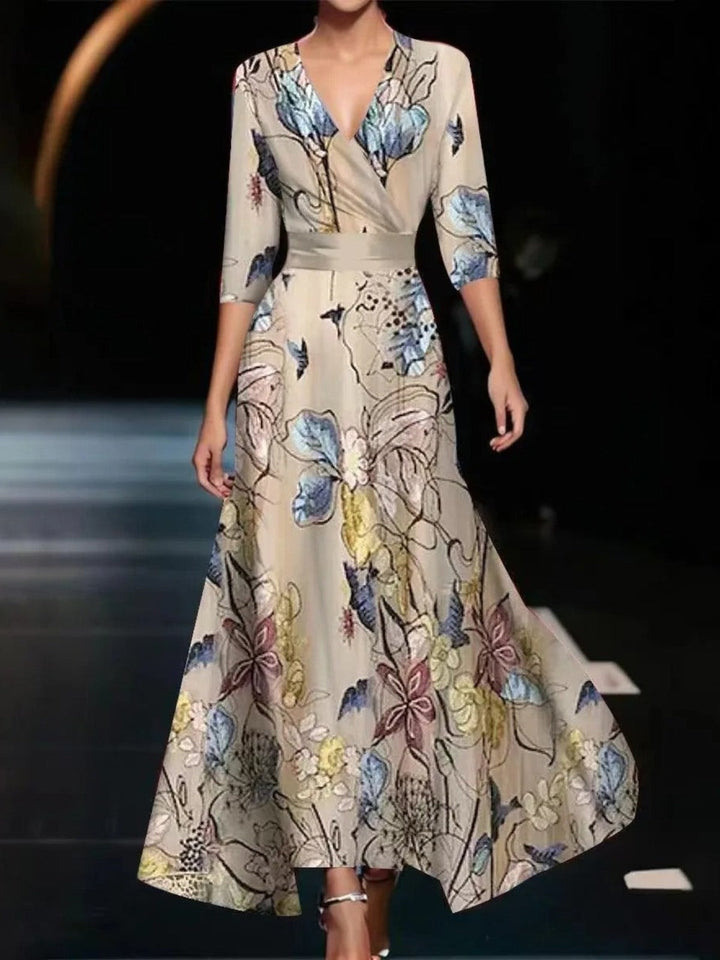 Emily - Floral High-Waisted Midi Dress with Three-Quarter Sleeves