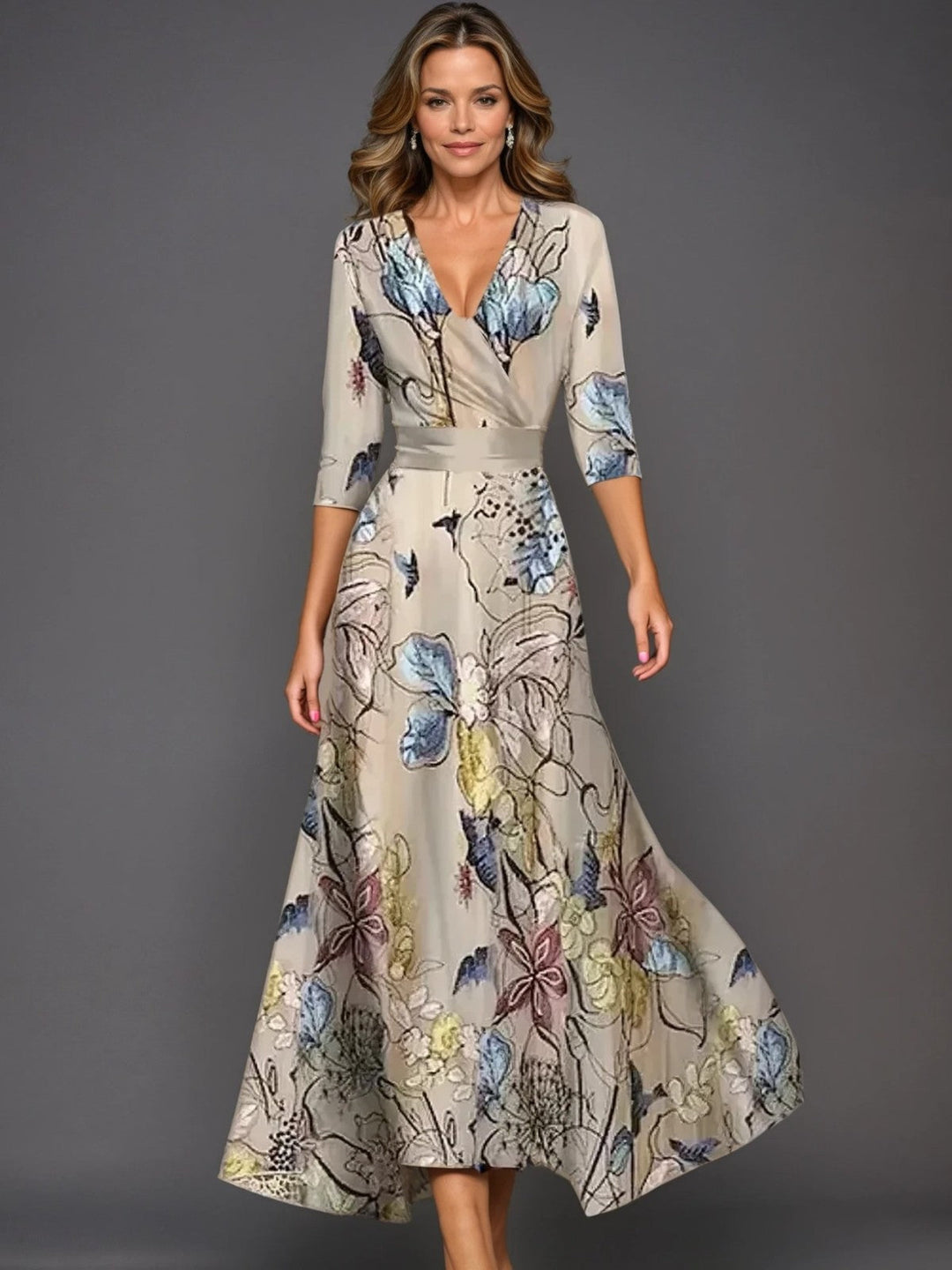 Emily - Floral High-Waisted Midi Dress with Three-Quarter Sleeves