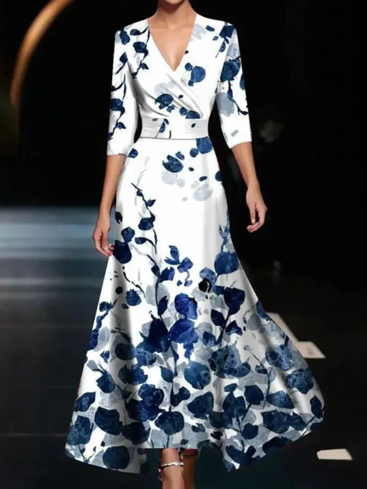 Emily - Floral High-Waisted Midi Dress with Three-Quarter Sleeves