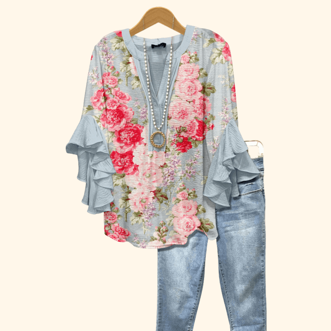 Blush Peony - Vintage Floral Print Blouse