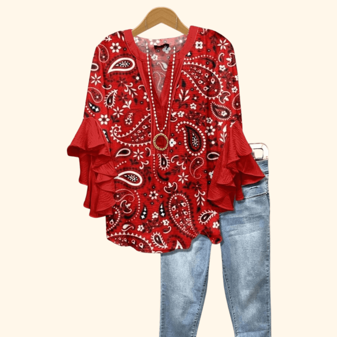 Crimson Bandana - Vintage Floral Print Blouse
