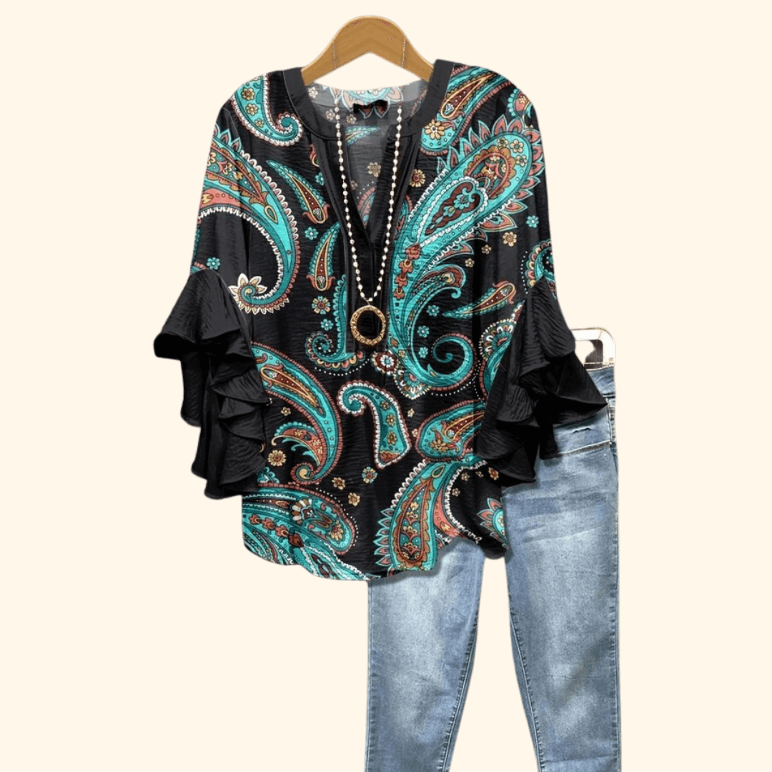 Emerald Paisley - Vintage Floral Print Blouse