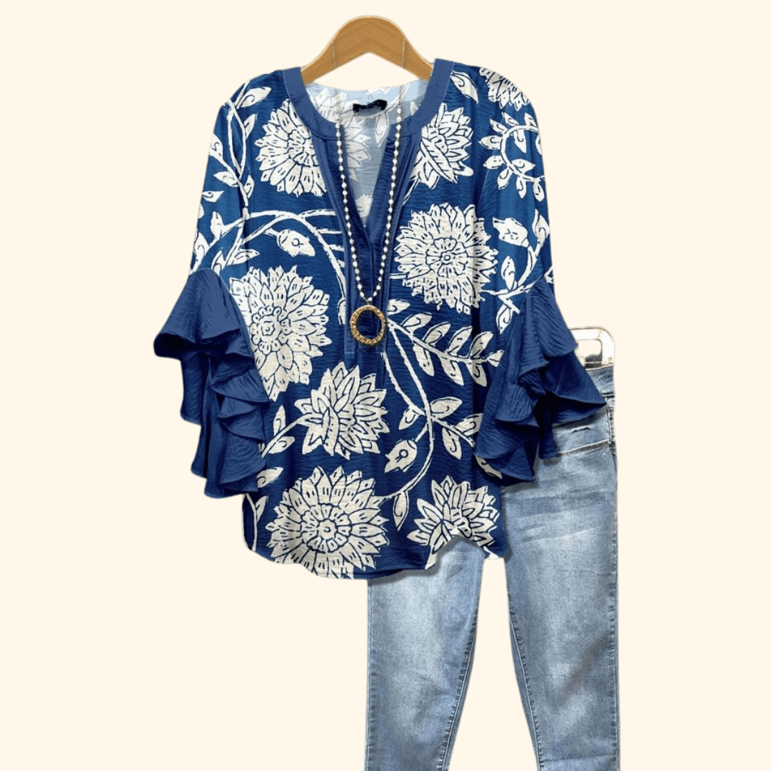 Indigo Petal - Vintage Floral Print Blouse