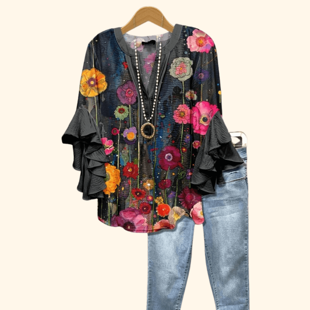 Midnight Bloom - Vintage Floral Print Blouse