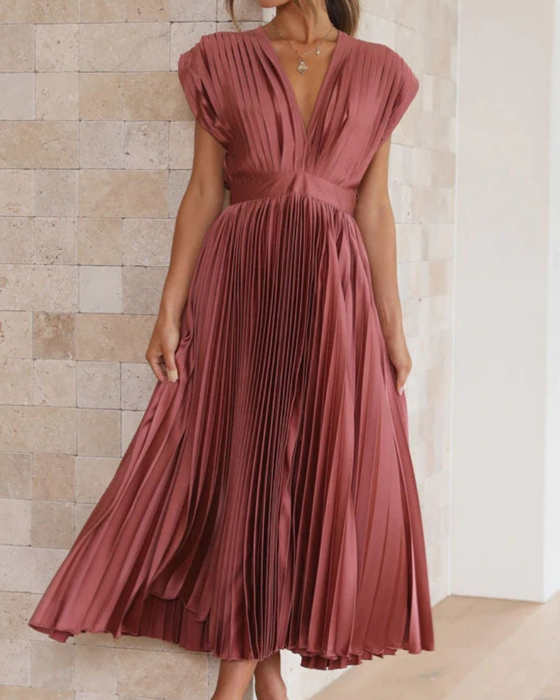 Nicole | Timeless Elegance: Draped V-Neck Pleated Skirt Dress