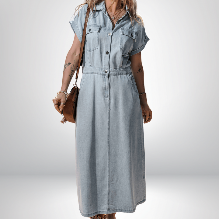 Jeanina® | Chic Denim Dress with Short Batwing Sleeves