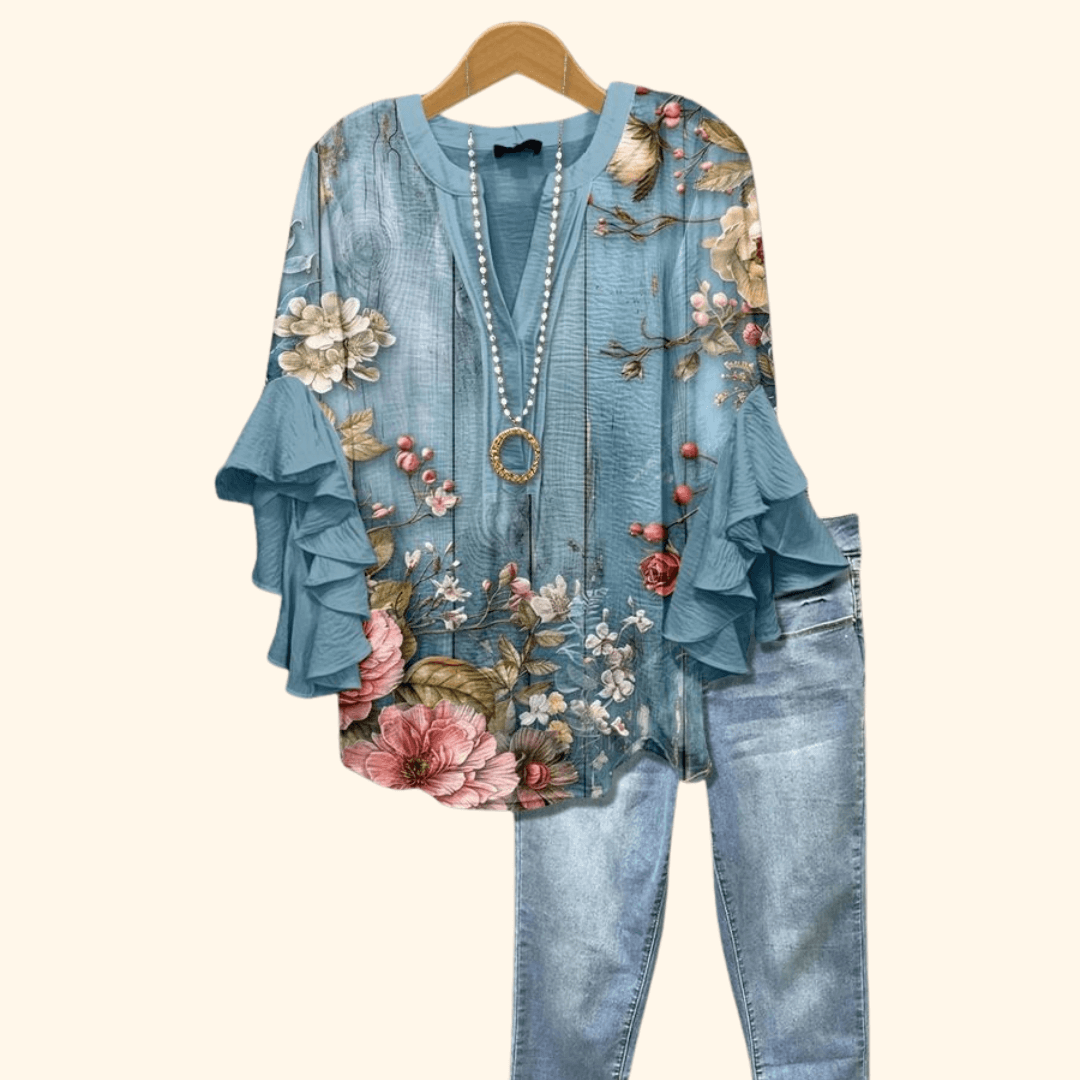 Rustic Blossom - Vintage Floral Print Blouse