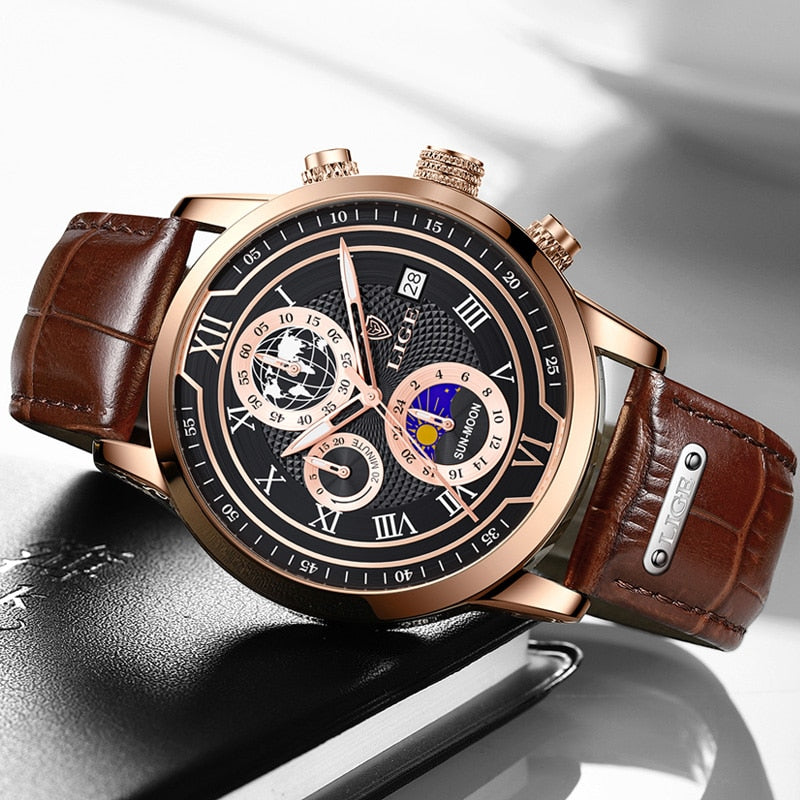 Luxury Chronograph Watch with Genuine Leather Strap