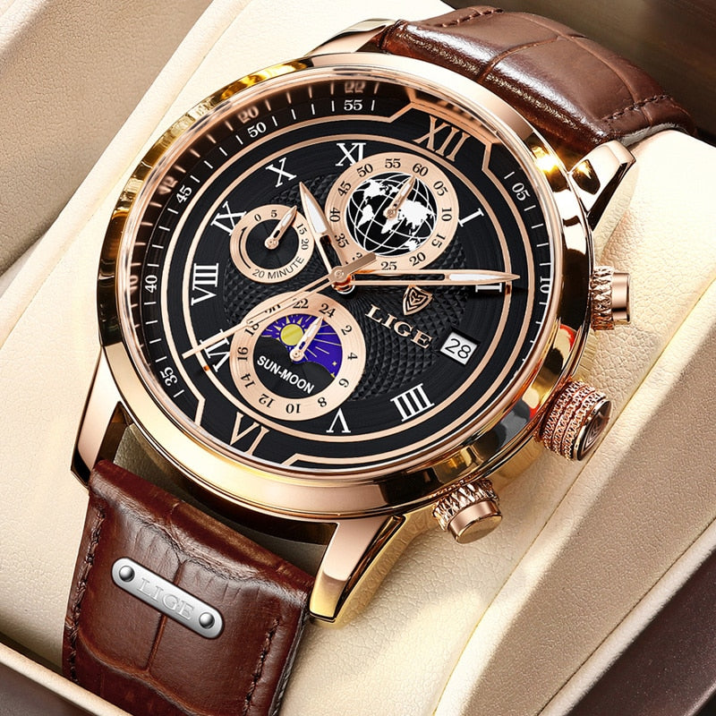 Luxury Chronograph Watch with Genuine Leather Strap
